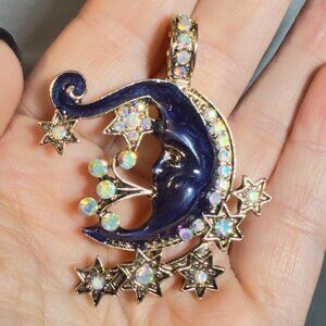 Moon Brooch Pendant Celestial Moon Stars Rhinestone Crystal 2.25"